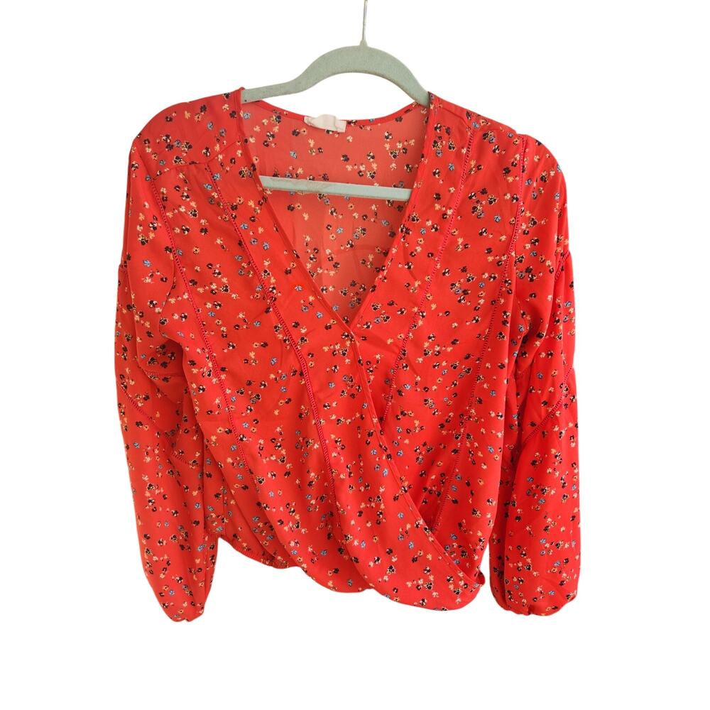 Sienna Sky Floral Wrap Crop Top Medium Red Orange Long Sleeve Blouse